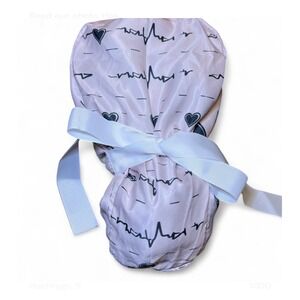 Pink ECG Heartbeat Satin Scrub Cap for Women Ponytail with Ribbon Tie